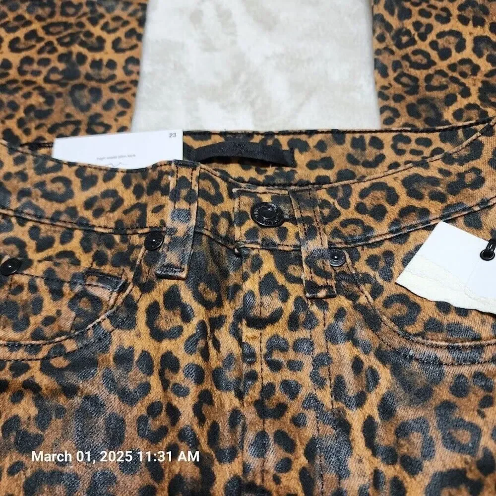 7 For All Mankind Sz 23 Vegan Leather Leopard Print Slim Fit Kick Flare Jeans - Picture 2 of 13